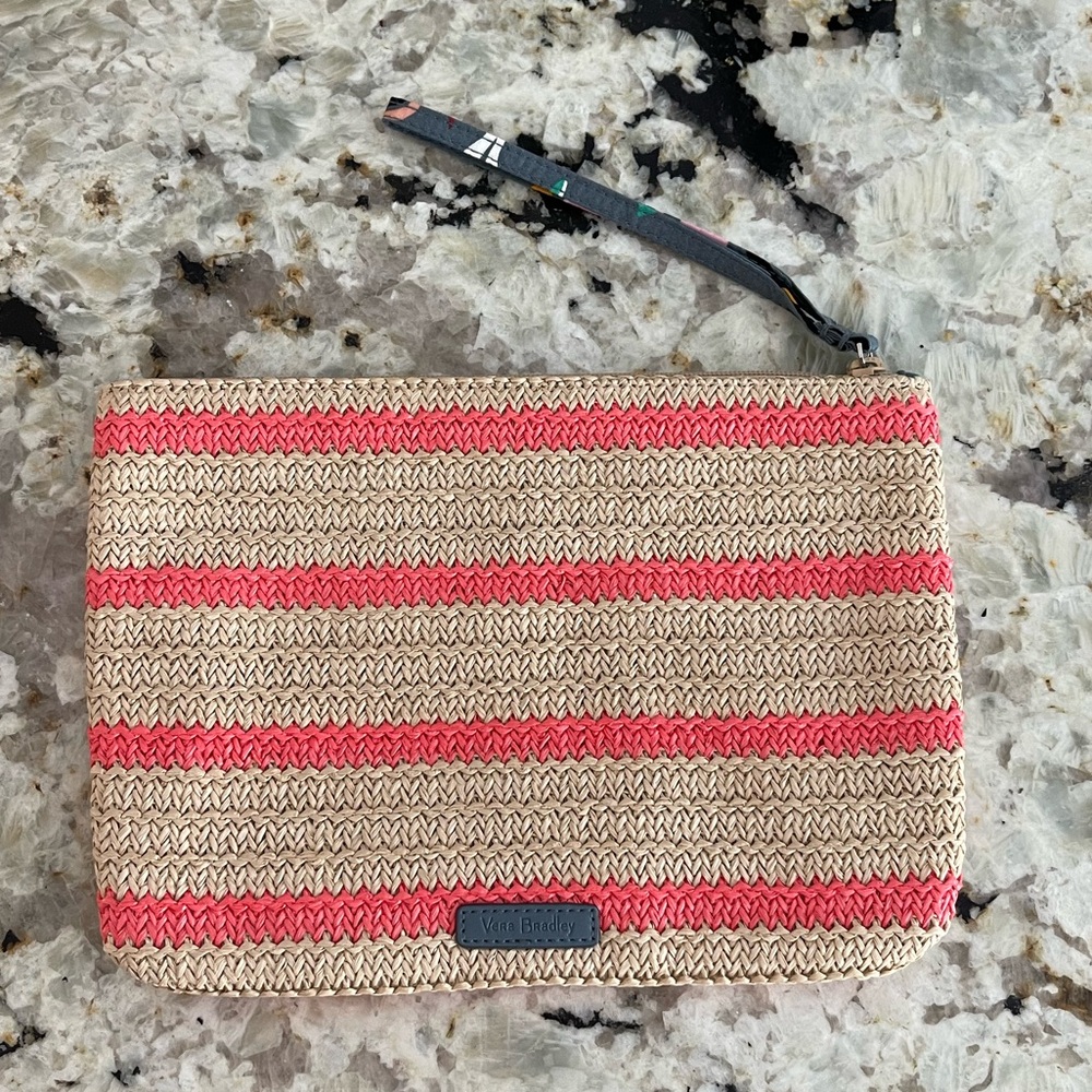 Vera Bradley Natural Straw Wristlet with Coral Stripes